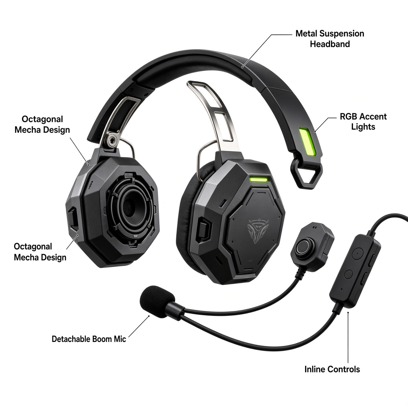 Octagonal Mecha Wired Over-Ear Gaming Headset with Detachable Boom Mic