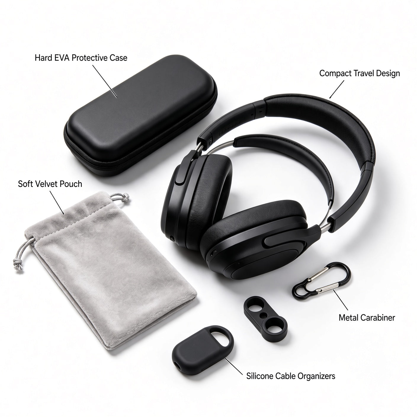 Headphone Travel Accessory Kit with Hard EVA Case & Velvet Pouch